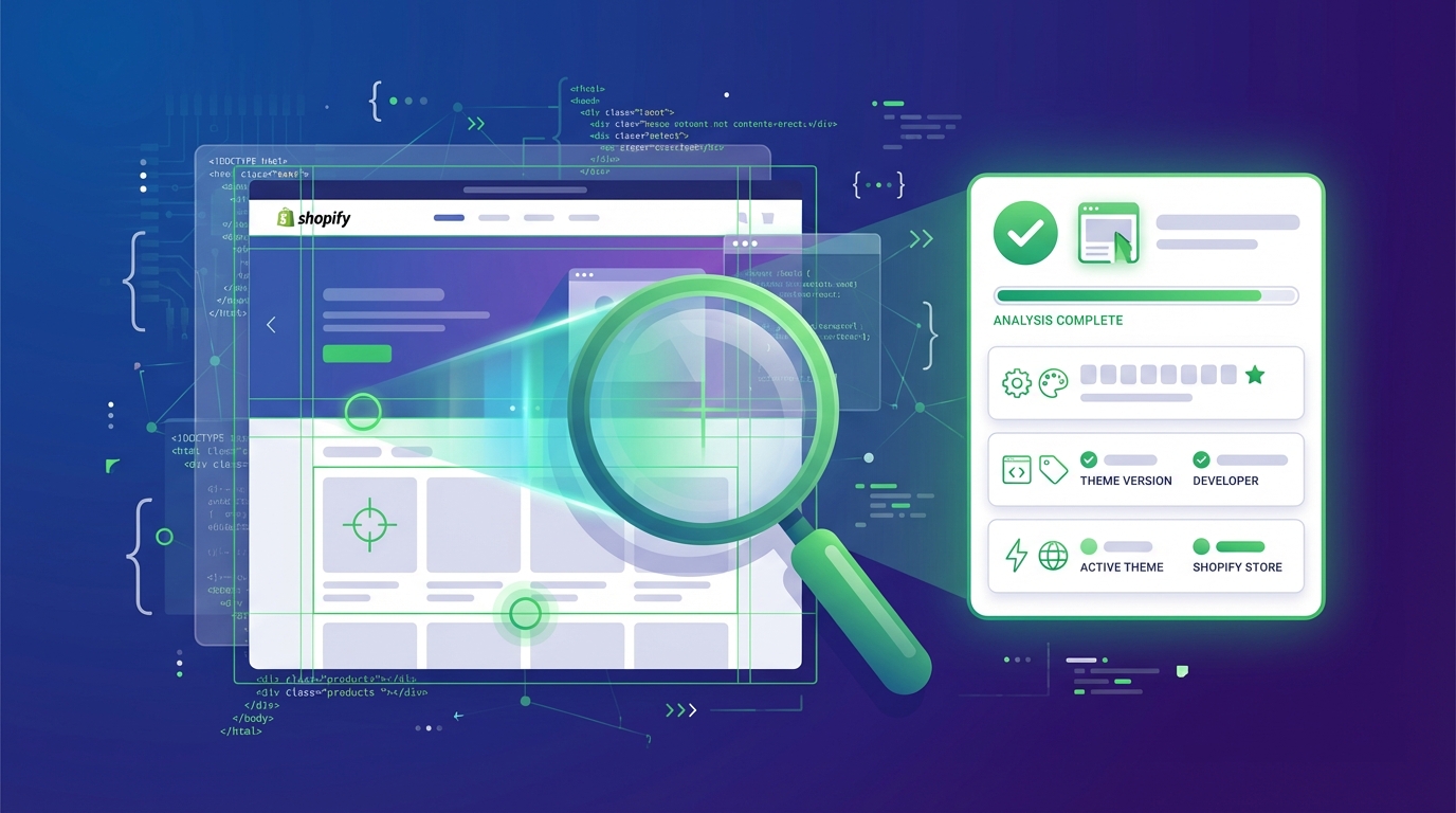 Illustration of a Shopify store interface being analyzed by a theme detector tool Illustration of a Shopify store interface being analyzed by a theme detector tool